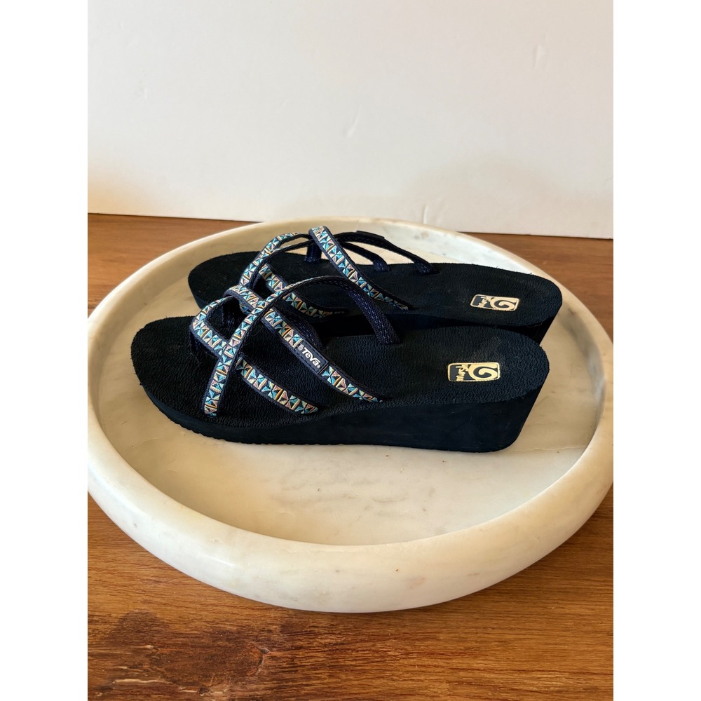 Teva Mush Mandalyn Wedge Ola 2 Navy Blue Geometric Strappy Sandals Womens 10